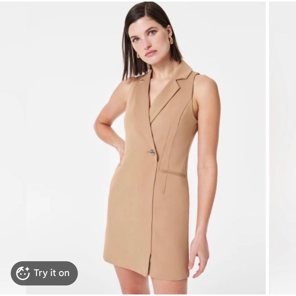 Spanx The Perfect Vest Dress Women XS Toffee NWT Sleeveless Notched Lapel Longe